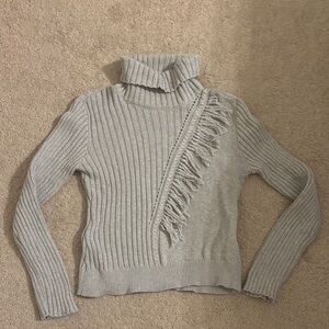 DKNY Ribbed Turtleneck Sweater with Fringe Detail